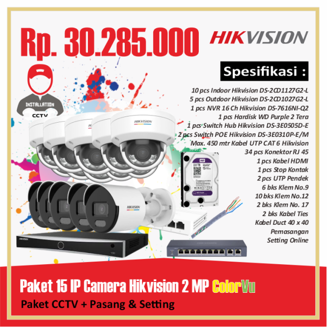 Paket 15 IP Camera Hikvision 2 MP Colorvu