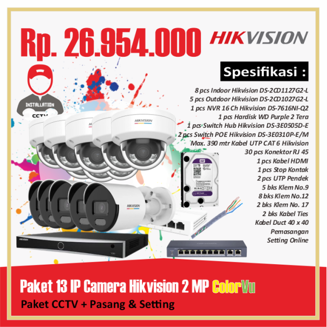 Paket 13 IP Camera Hikvision 2 MP Colorvu