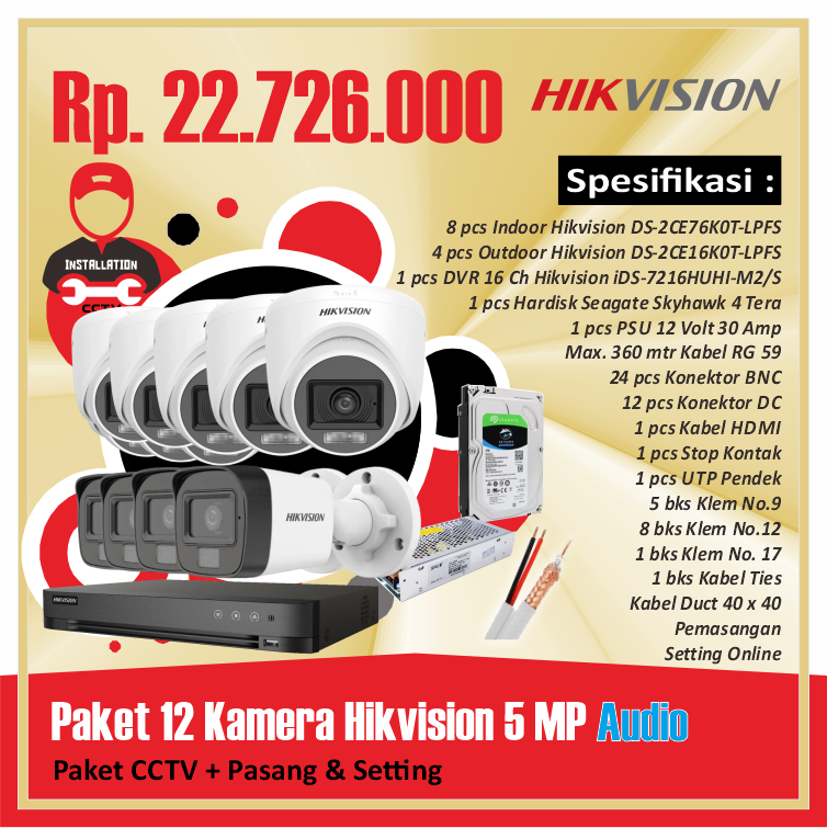 Paket 12 Kamera Hikvision 5 MP Audio